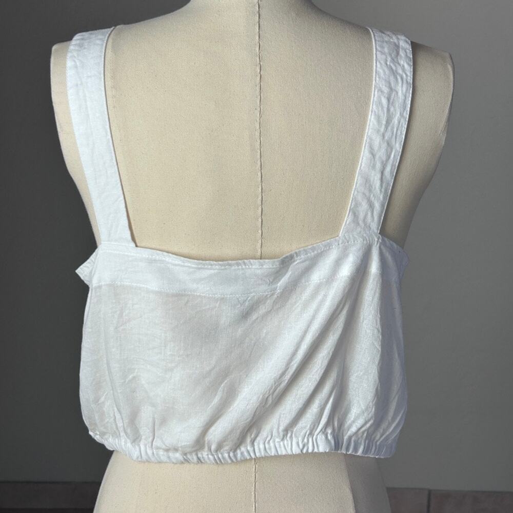 Linen Crop Top Euro Summer Square Neck Peasant Coastal Prairie Tie Hem Women M - Picture 2 of 8